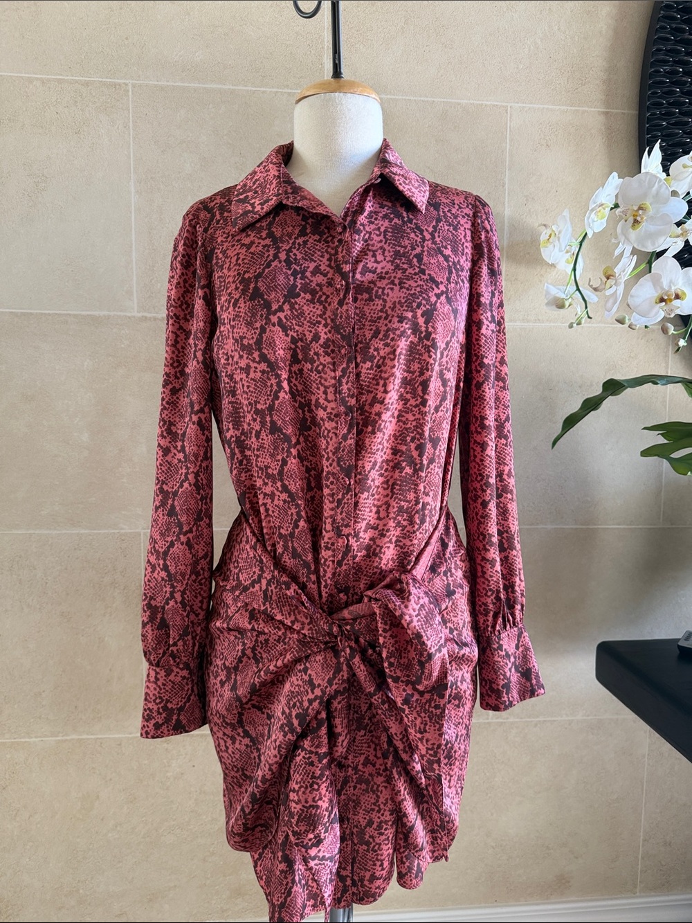 cinq a sept Pink Snake-Print Long Sleeve Knot Dress